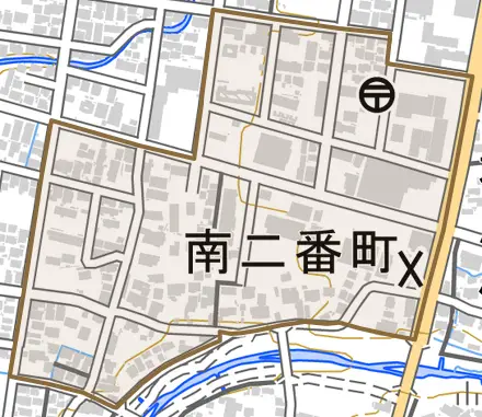 南二番町とその周辺の地図。町の範囲を重ねている
