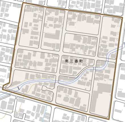 南三番町とその周辺の地図。町の範囲を重ねている