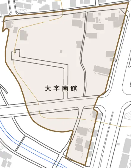 大字南館とその周辺の地図。町の範囲を重ねている