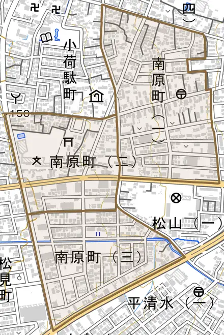 南原町とその周辺の地図。町の範囲を重ねている