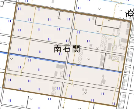 南石関とその周辺の地図。町の範囲を重ねている