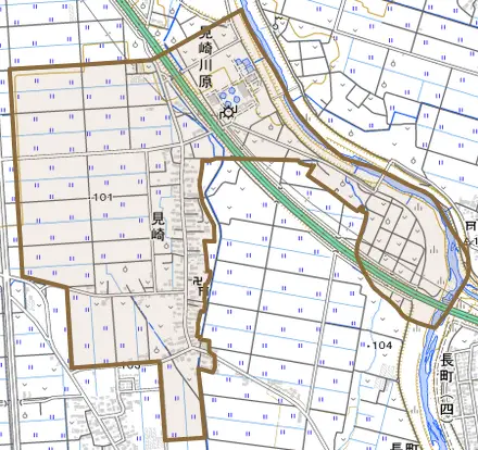 大字見崎とその周辺の地図。町の範囲を重ねている
