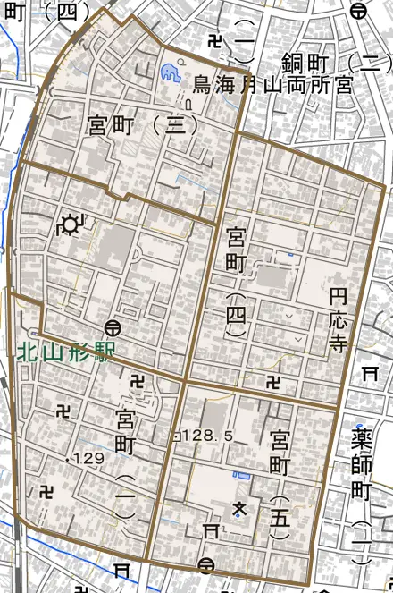 宮町とその周辺の地図。町の範囲を重ねている