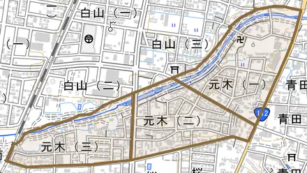 元木とその周辺の地図。町の範囲を重ねている