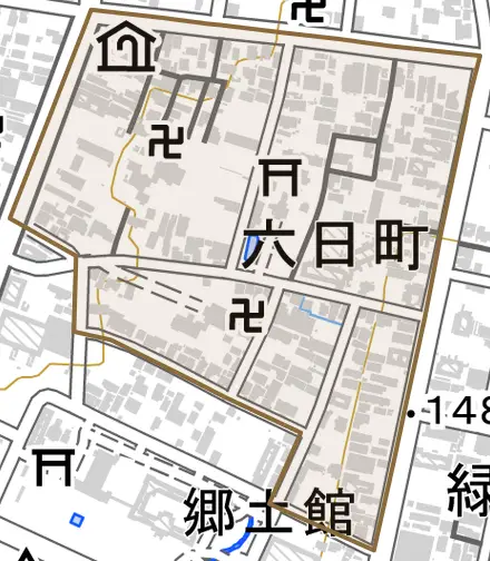 六日町とその周辺の地図。町の範囲を重ねている