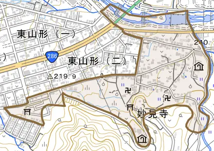 大字妙見寺とその周辺の地図。町の範囲を重ねている