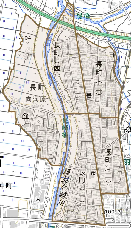 長町とその周辺の地図。町の範囲を重ねている