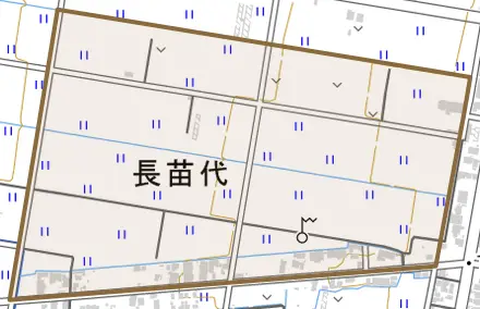 長苗代とその周辺の地図。町の範囲を重ねている