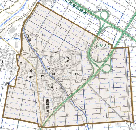 大字中野とその周辺の地図。町の範囲を重ねている