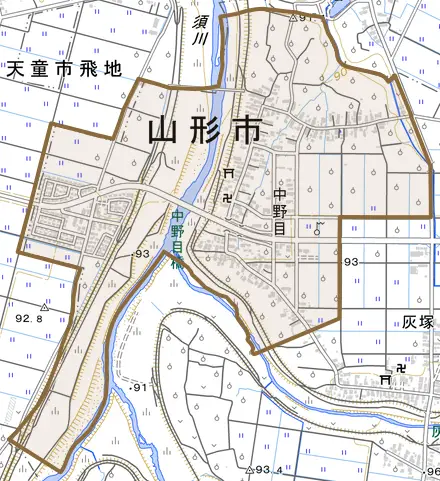 大字中野目とその周辺の地図。町の範囲を重ねている