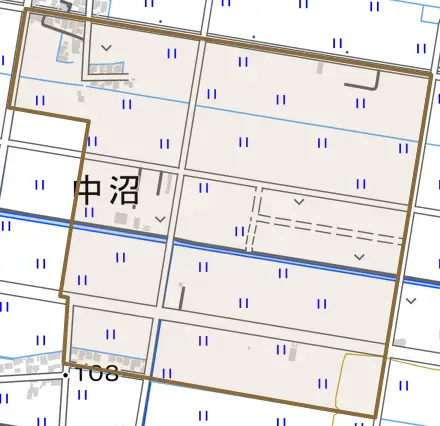 中沼とその周辺の地図。町の範囲を重ねている