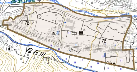 大字中里とその周辺の地図。町の範囲を重ねている