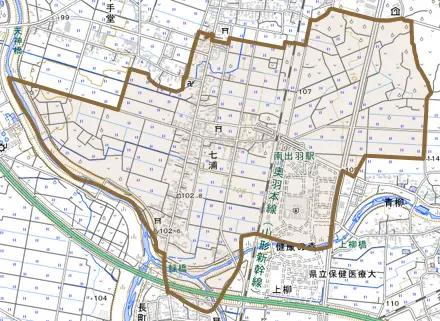 大字七浦とその周辺の地図。町の範囲を重ねている
