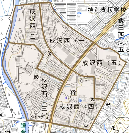 成沢西とその周辺の地図。町の範囲を重ねている