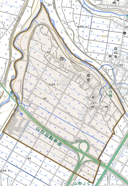 大字成安とその周辺の地図。町の範囲を重ねている