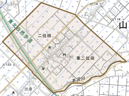 大字二位田とその周辺の地図。町の範囲を重ねている