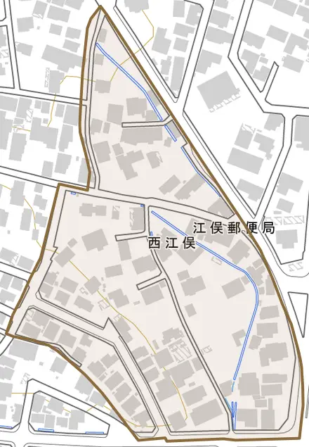 西江俣とその周辺の地図。町の範囲を重ねている