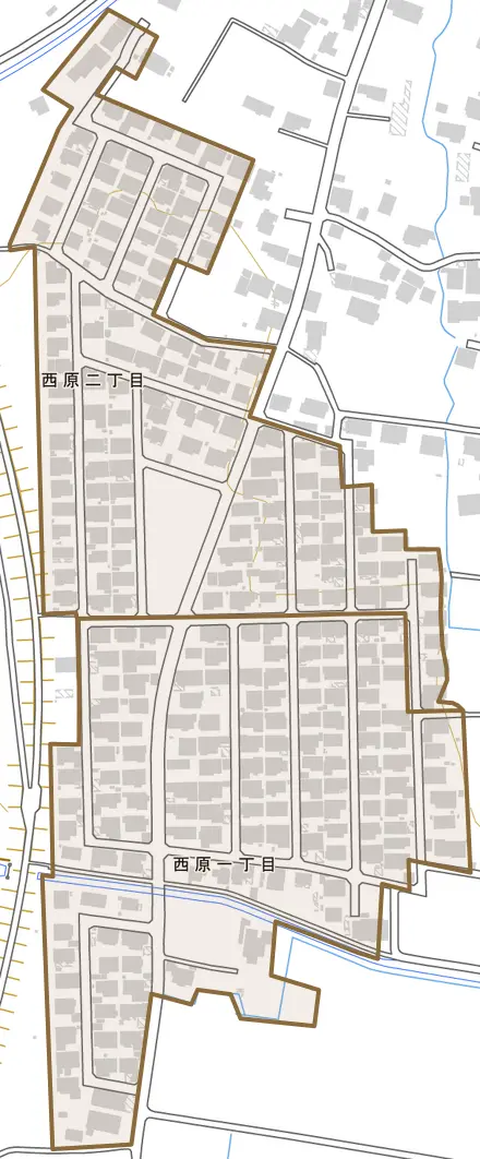 西原とその周辺の地図。町の範囲を重ねている