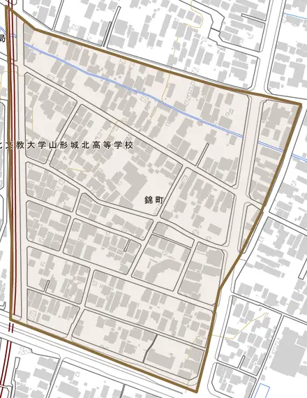 錦町とその周辺の地図。町の範囲を重ねている