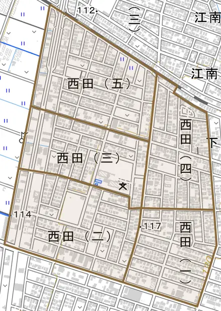 西田とその周辺の地図。町の範囲を重ねている