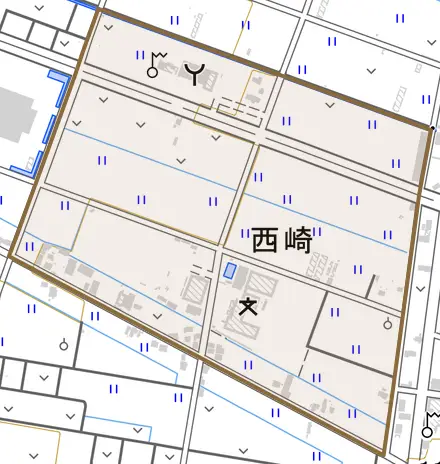 西崎とその周辺の地図。町の範囲を重ねている