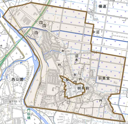 大字沼木とその周辺の地図。町の範囲を重ねている