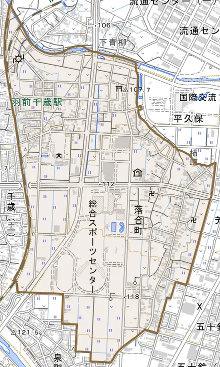 落合町とその周辺の地図。町の範囲を重ねている