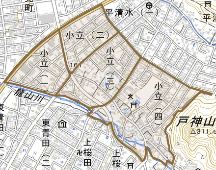 小立とその周辺の地図。町の範囲を重ねている
