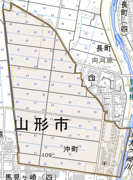 沖町とその周辺の地図。町の範囲を重ねている