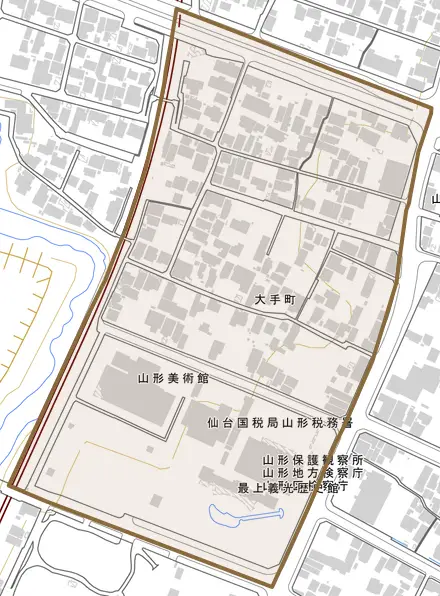 大手町とその周辺の地図。町の範囲を重ねている