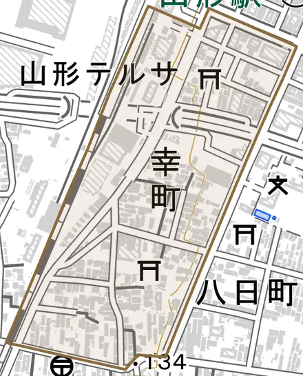 幸町とその周辺の地図。町の範囲を重ねている