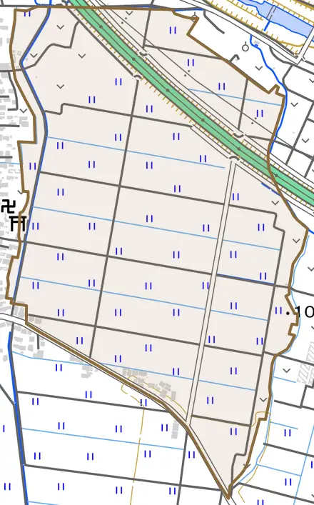 境田町とその周辺の地図。町の範囲を重ねている