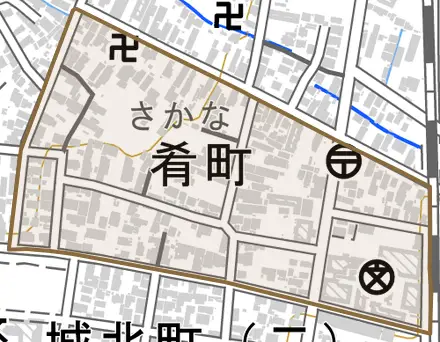 肴町とその周辺の地図。町の範囲を重ねている