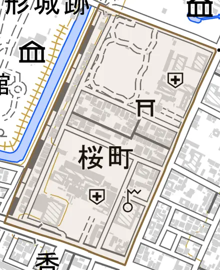 桜町とその周辺の地図。町の範囲を重ねている