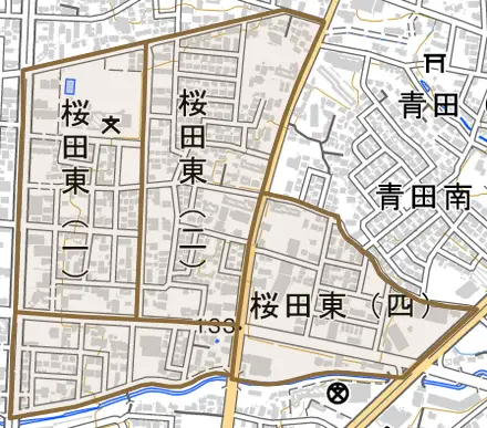 桜田東とその周辺の地図。町の範囲を重ねている