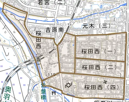 桜田西とその周辺の地図。町の範囲を重ねている