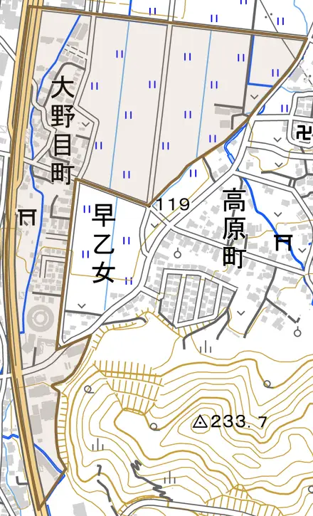 早乙女とその周辺の地図。町の範囲を重ねている