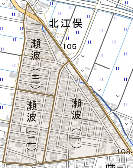 瀬波とその周辺の地図。町の範囲を重ねている