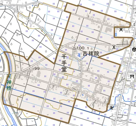 大字千手堂とその周辺の地図。町の範囲を重ねている