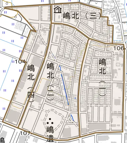 嶋北とその周辺の地図。町の範囲を重ねている