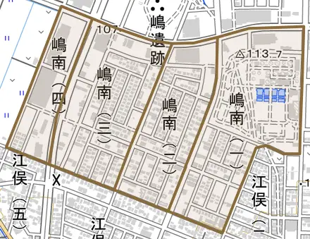 嶋南とその周辺の地図。町の範囲を重ねている