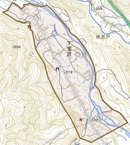 大字下宝沢とその周辺の地図。町の範囲を重ねている