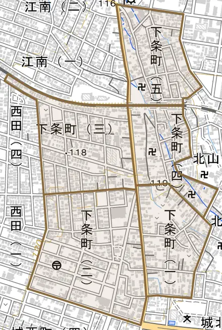 下条町とその周辺の地図。町の範囲を重ねている