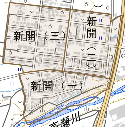 新開とその周辺の地図。町の範囲を重ねている