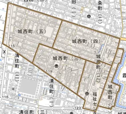 城西町とその周辺の地図。町の範囲を重ねている