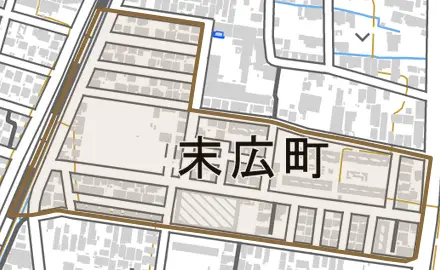 末広町とその周辺の地図。町の範囲を重ねている
