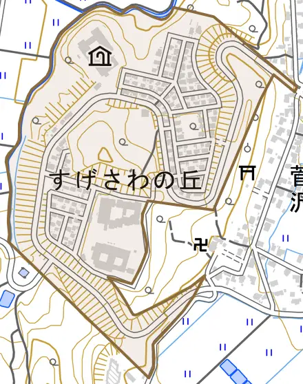 すげさわの丘とその周辺の地図。町の範囲を重ねている