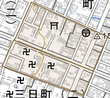 諏訪町とその周辺の地図。町の範囲を重ねている