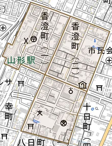 香澄町とその周辺の地図。町の範囲を重ねている