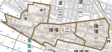 陣場とその周辺の地図。町の範囲を重ねている